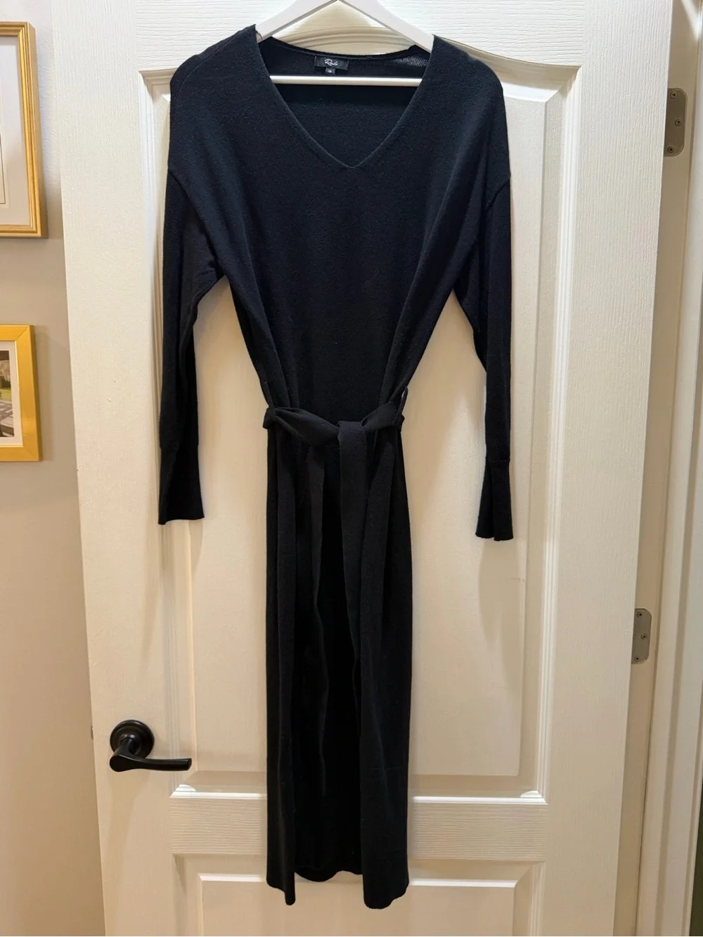 Rails Black Long-Sleeve V-Neck Knit Dress with Tie Belt